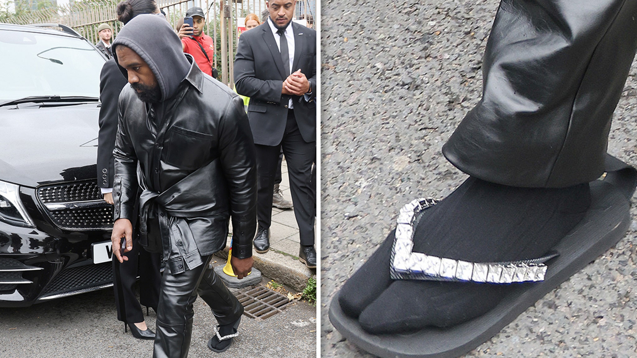 Kanye West Wears Bedazzled Flip-Flops for London Fashion Week #KanyeWest