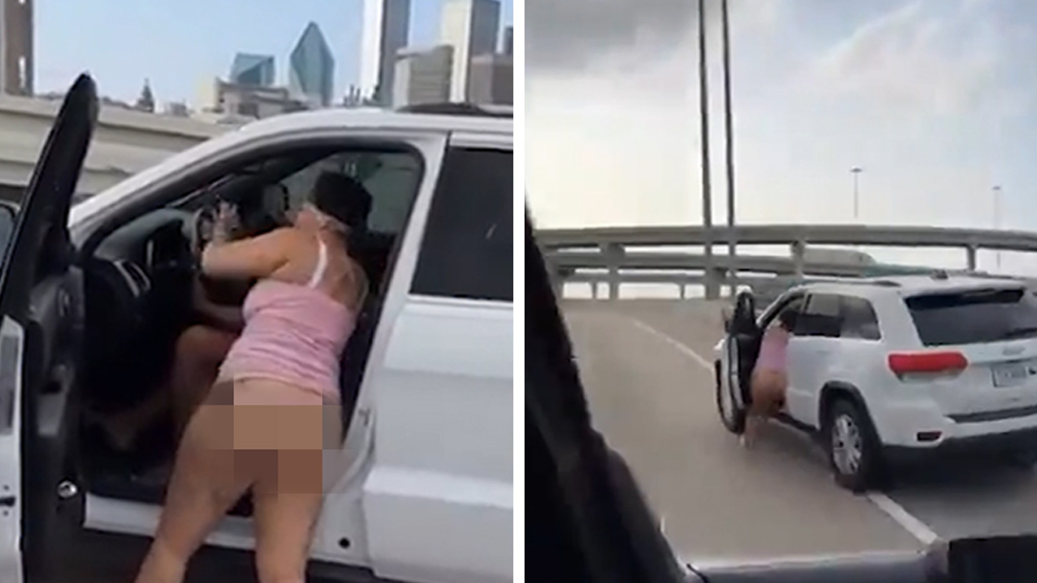 Half-Naked Woman Hangs on to Speeding SUV in Wild Dallas Freeway Fight