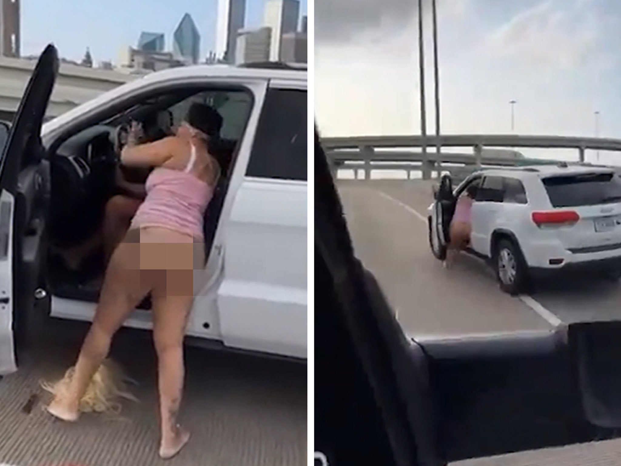 Half-Naked Woman Hangs on to Speeding SUV in Wild Dallas Freeway Fight