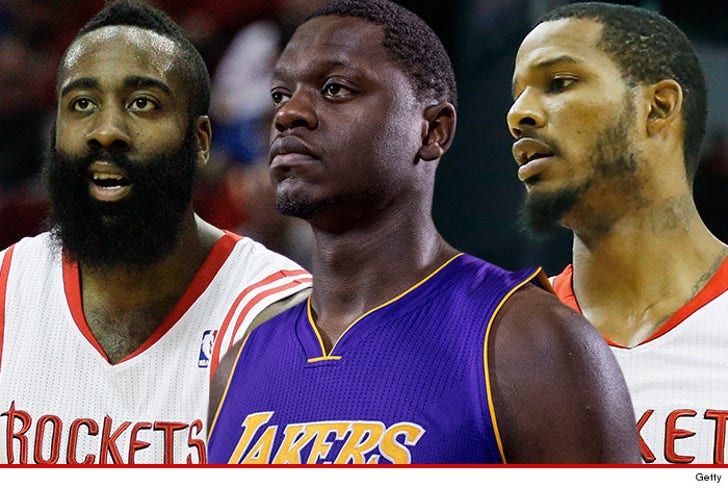 Houston Rockets Stars -- Visit Lakers Rookie in Hospital After :: 1029-james-harden-julius-randle-trevor-ariza-getty-3