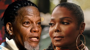 DL Hughley in a zip up sweater, Janet Jackson in hoop earrings, with DL's message on X calling out Janet Jackson for questioning Kamala Harris' race.