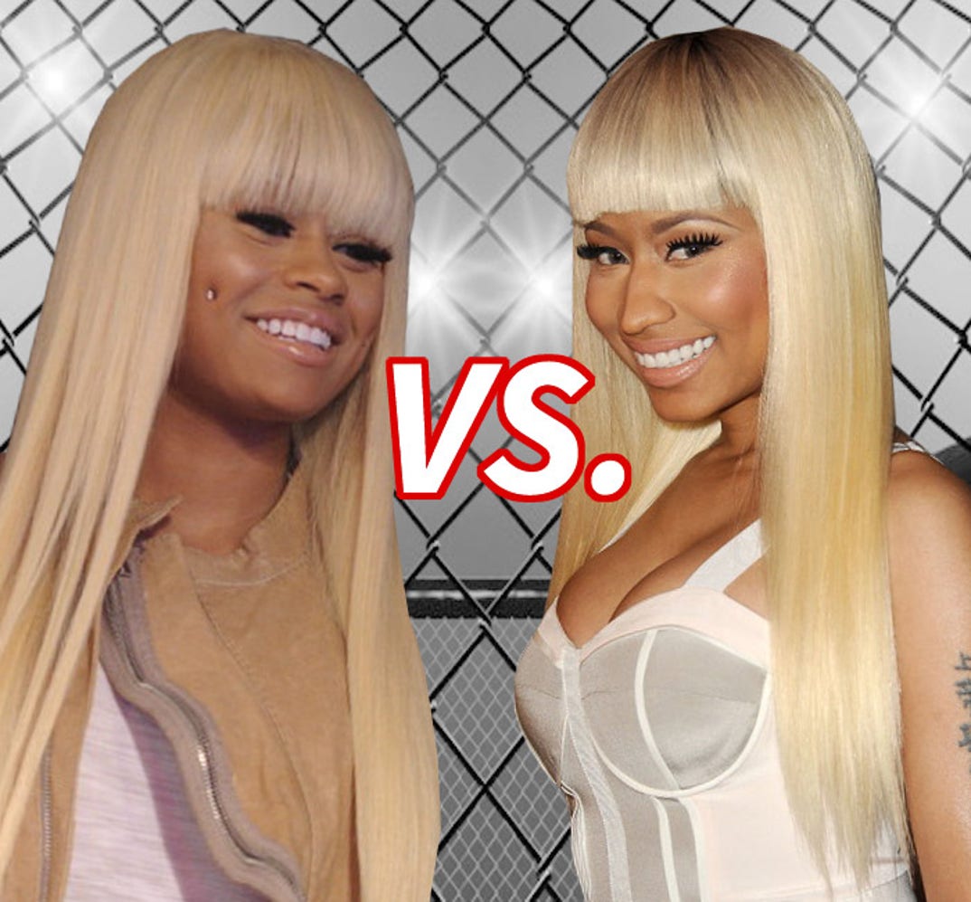 Blondes are more fun! Blac Chyna (26) vs. Nicki Minaj (31) wiggin' out in these blunt bangs!