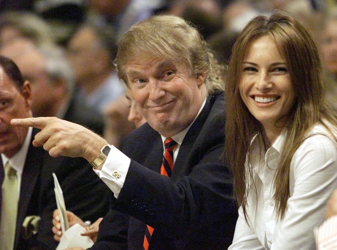 New York Knicks fan Donald Trump sits in the front row during the first half of the NBA Eastern Conference Finals game between the Knicks and the Indiana Pacers at Market Square Arena in Indianapolis, IN.