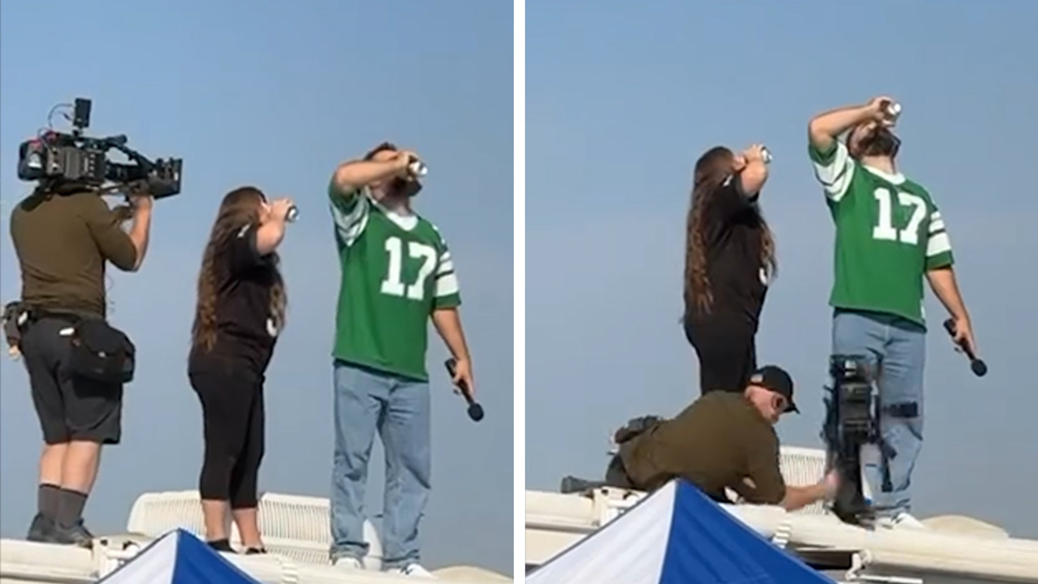 Jason Kelce Pounds Beer On Top of RV, Cameraman Falls Through Ceiling