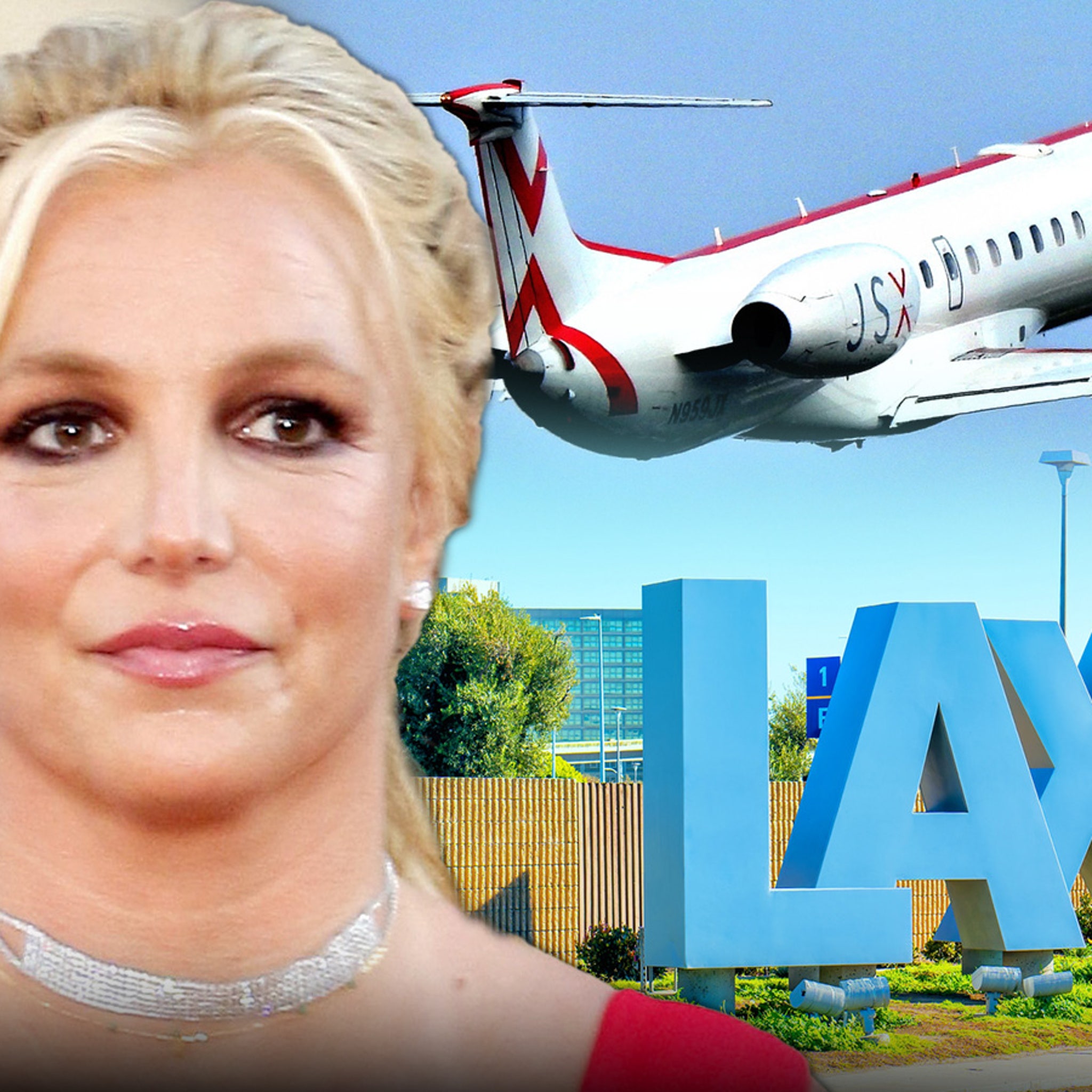 A collage highlighting Britney Spears against a backdrop of flight, embodying the essence of travel and celebrity.