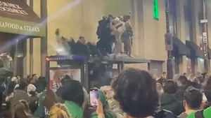 Eagles Fans Party In Streets After Championship Win, Crash Through Bus Stop