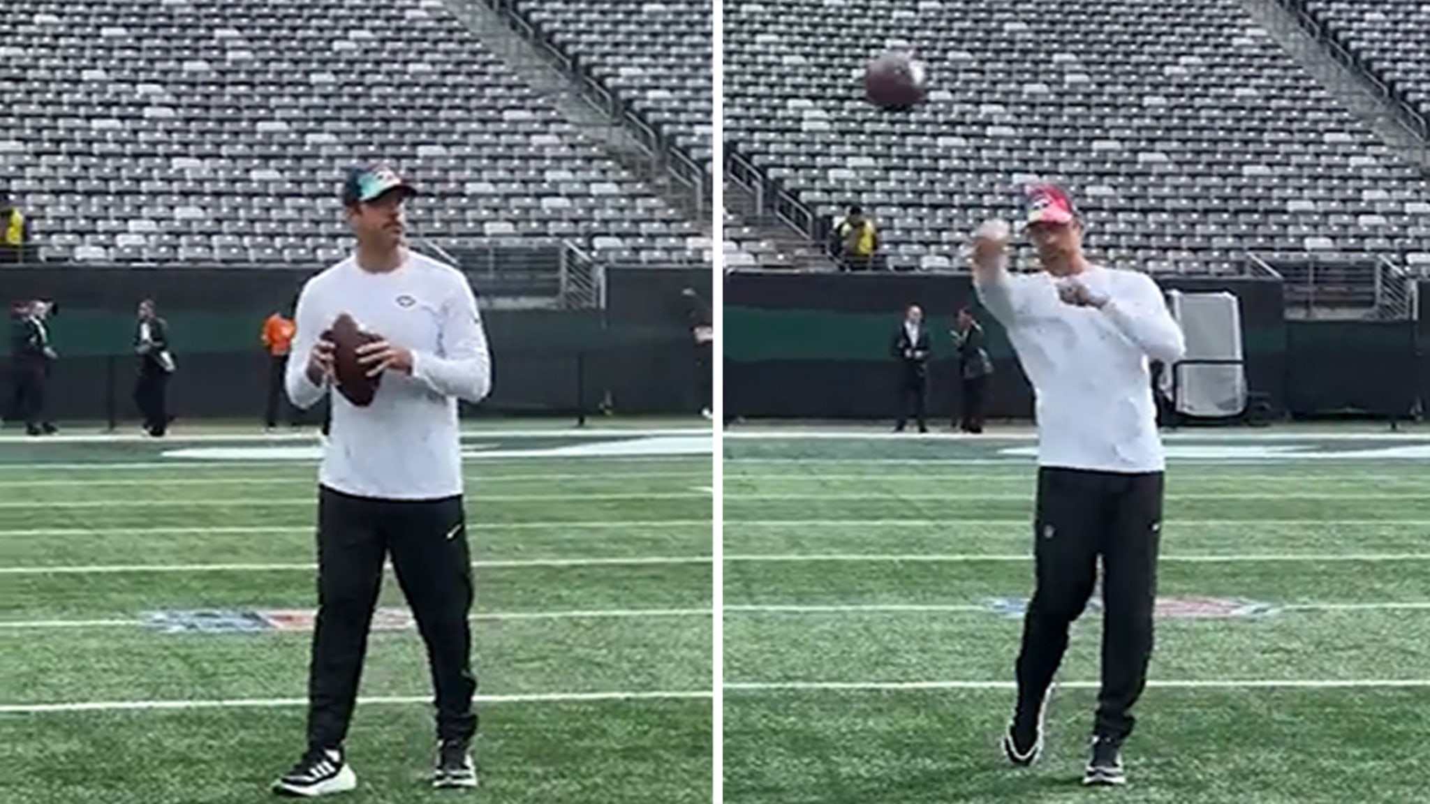 Aaron Rodgers Bounces Around Throws Passes Before Jets Game