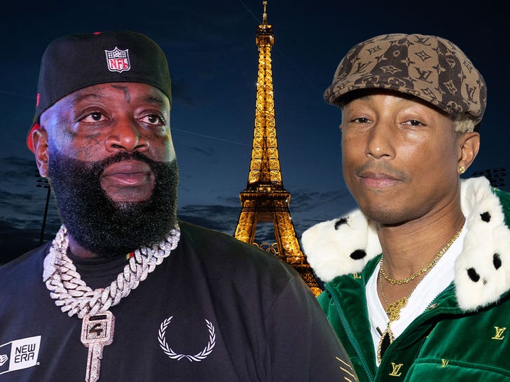 Rick Ross and Pharrell Eifel Tower at night