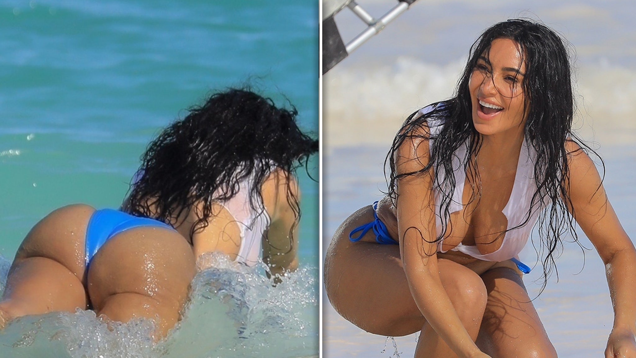 Kim Kardashian Dives Into Ocean in Tiny White Top, Bikini Bottoms