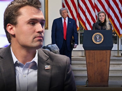 Charlie Kirk is seen looking at Donald Trump watching Erika Kirk address attendees at a ceremony posthumously awarding him the Presidential Medal of Freedom.