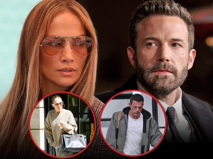 Two individual photos of both Jennifer Lopez and Ben Affleck. One of the them look serious. Another of them looking pensive, walking outside with a bag, on the day of their separation.