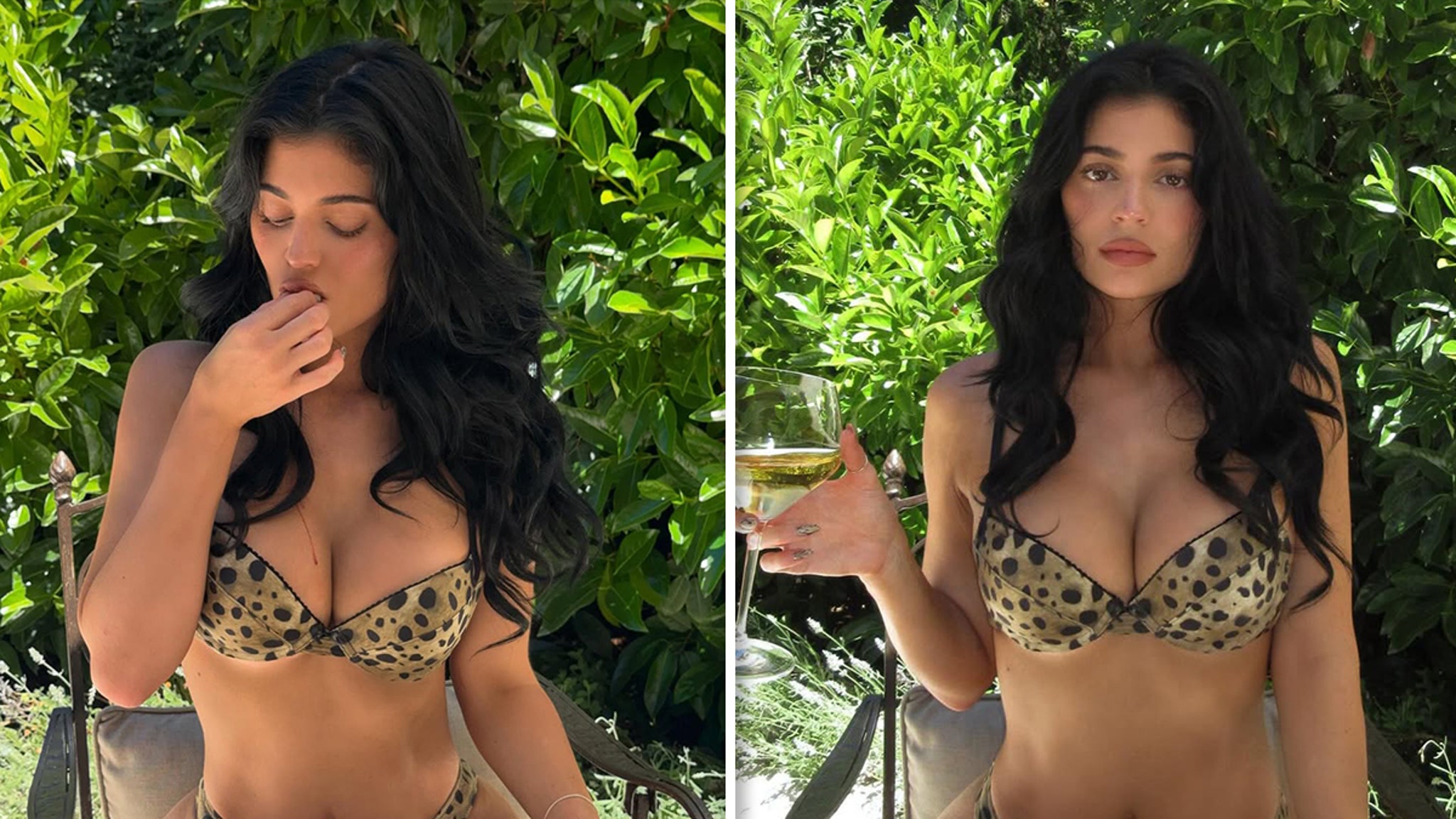 Kylie Jenner Sports Leopard Print Bikini, Snacks On Bowl Of Cherries