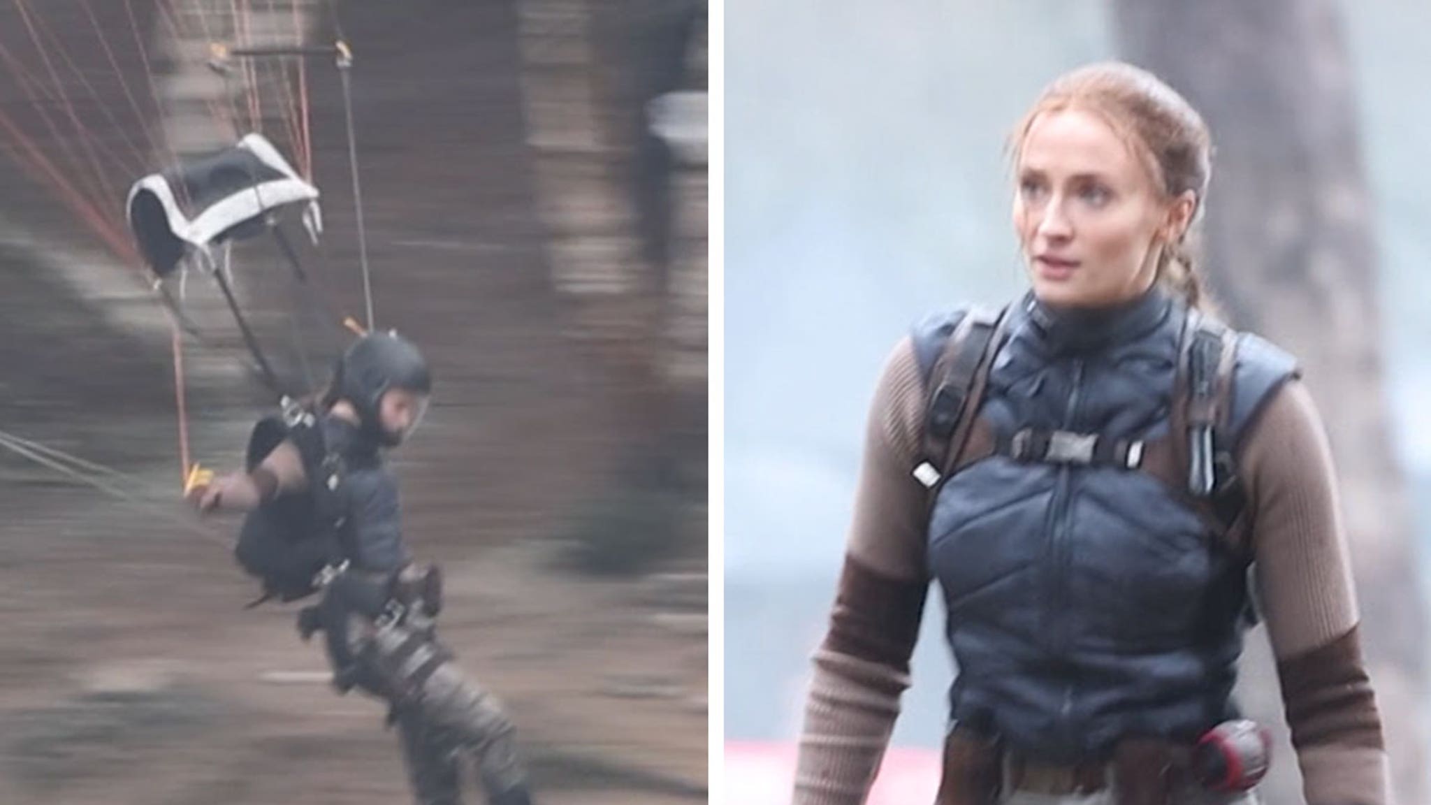 Sophie Turner voert haar eigen parachutestunt uit op de Lara Croft-set, op video