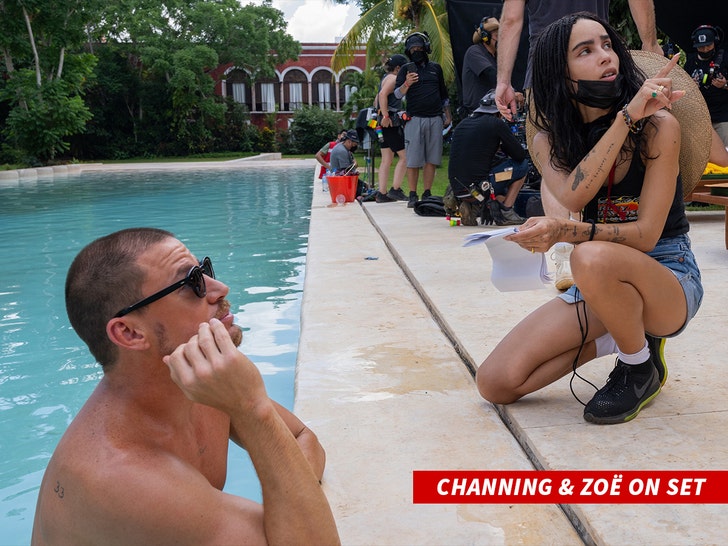 Channing Tatum and Zoe Kravitz blink twice filming everett