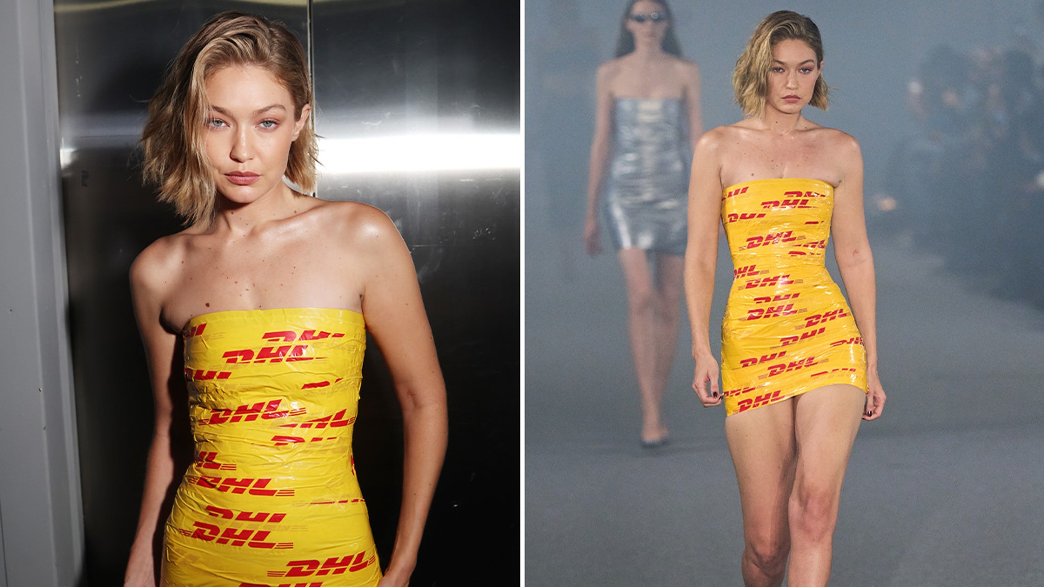 Gigi Hadid Rocks Skin-tight Dress Made of DHL Yellow Packing Tape