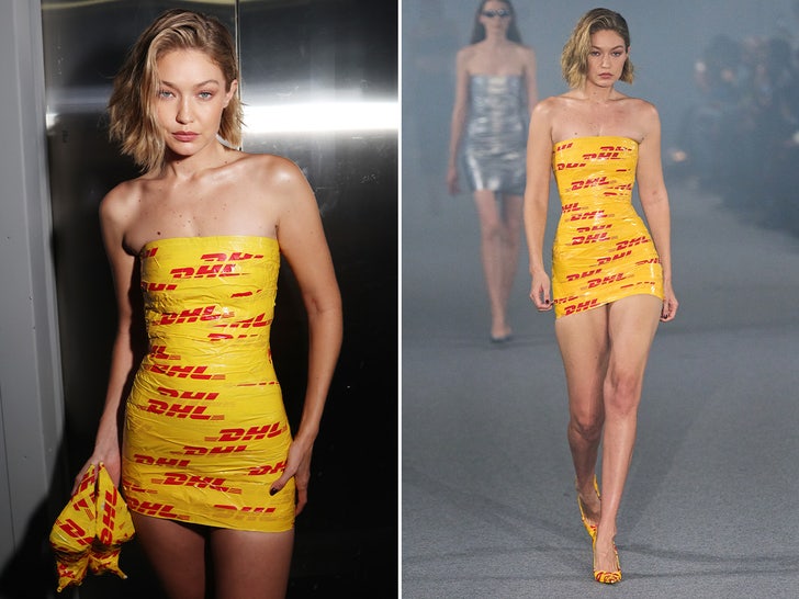 Gigi Hadid Wears DHL Tape Dress in Paris Fashion Week Show