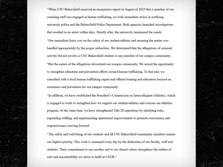California State University, Bakersfield coach statement