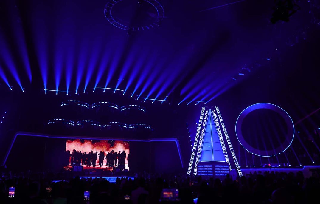 BTS is seen performing onscreen during the 52nd American Music Awards  GettyImages-2278206724