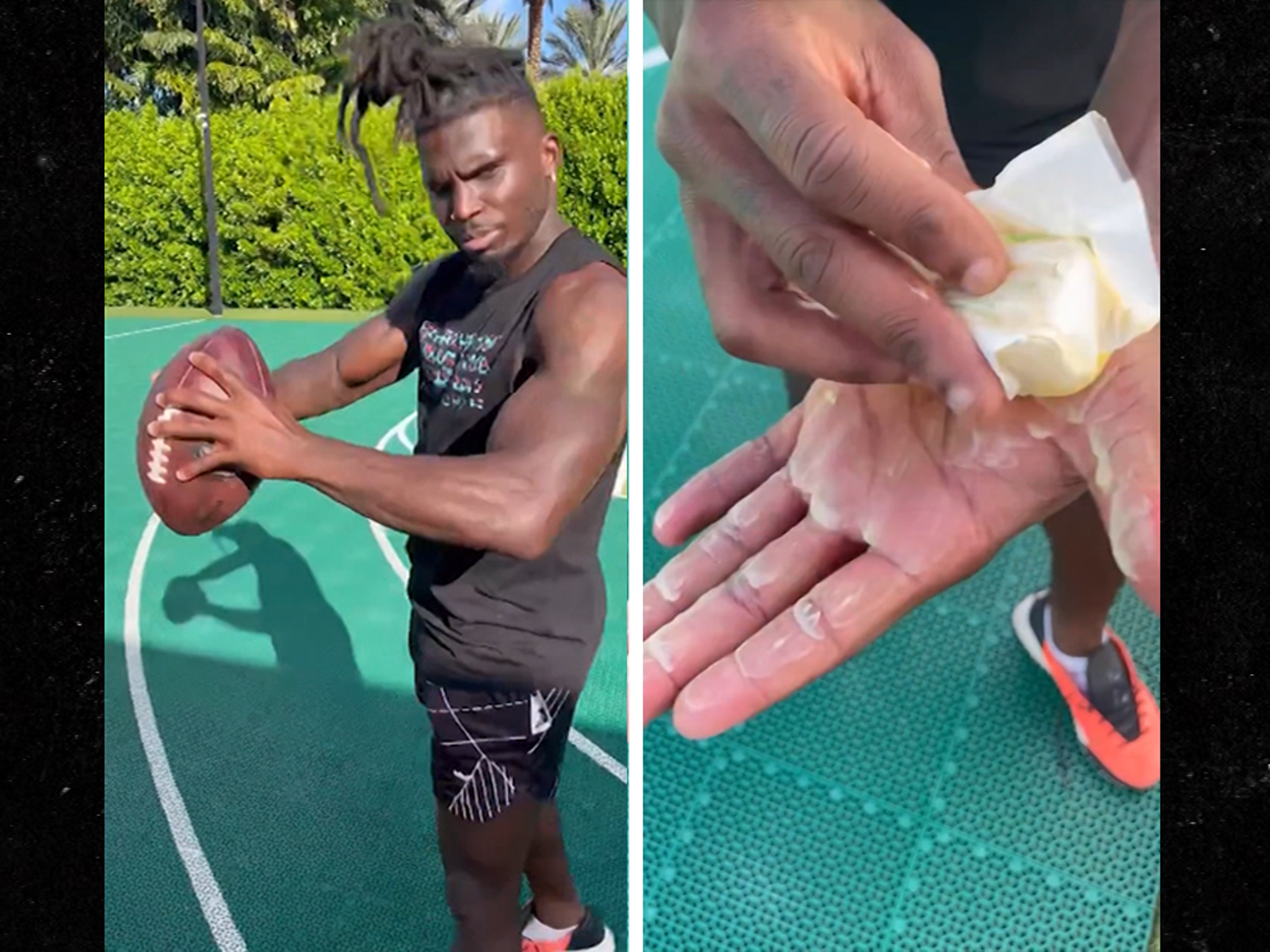 Tyreek Hill Catches Footballs With Butter-Covered Hands