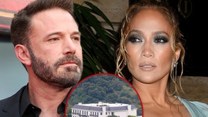 Ben Affleck wearing a black shirt and tie, Jennifer Lopez in a dress, and a picture of their house that fell out of escrow.