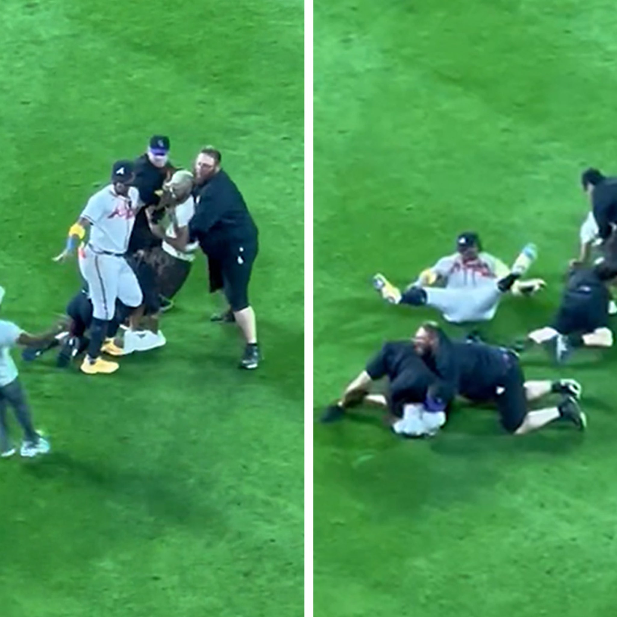 Atlanta Braves outfielder Ronald Acuña Jr. confronted by two fans who  stormed field midgame