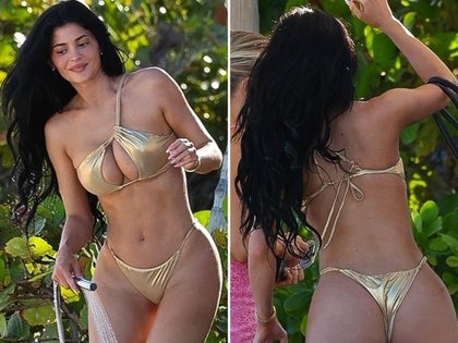 Kylie Jenner In A Gold Thong Bikini On The Beach In Turks And Caicos