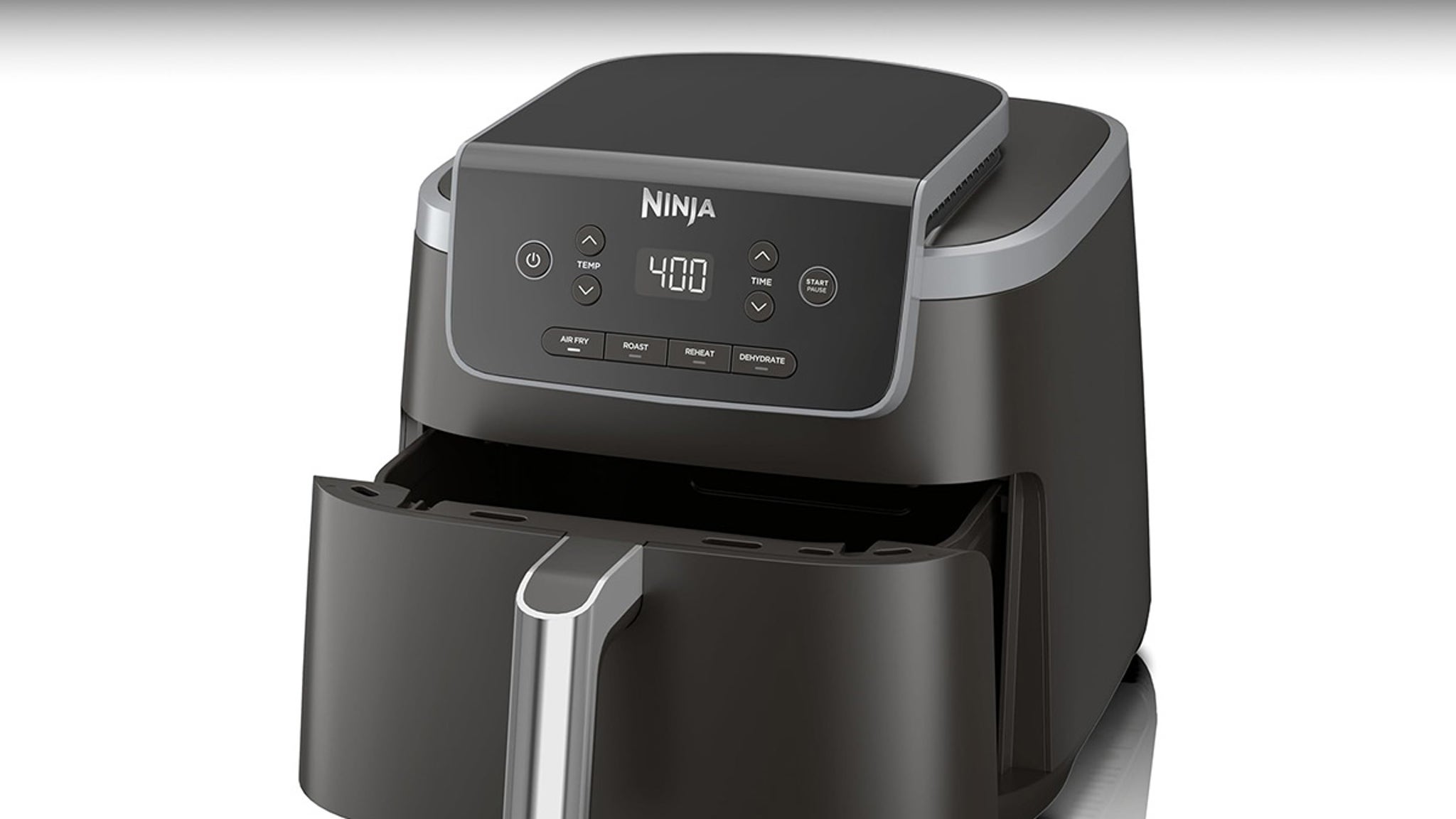 The image shows a black Ninja brand air fryer with a digital display on the front panel. The display reads '400' and is surrounded by several control buttons, including power, temperature adjustment, time adjustment, and a start/pause button. Below the display are four labeled buttons for different cooking functions: Air Fry, Roast, Reheat, and Dehydrate. The air fryer's basket, equipped with a silver handle, is partially pulled out, revealing the cooking chamber inside. The appliance has a sleek, modern design with smooth, rounded edges and a matte finish.