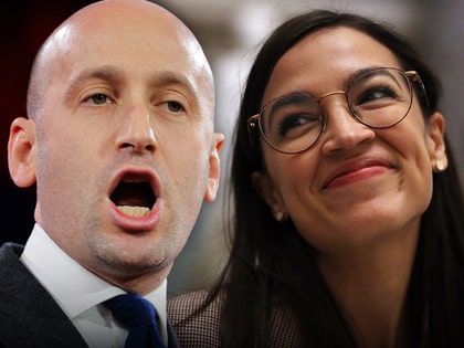Stephen Miller's mouth is wide open while Alexandria Ocasio-Cortez flashes a wry smile. He's wearing a white shirt and a blue tie, while she's wearing a checkered jacket.