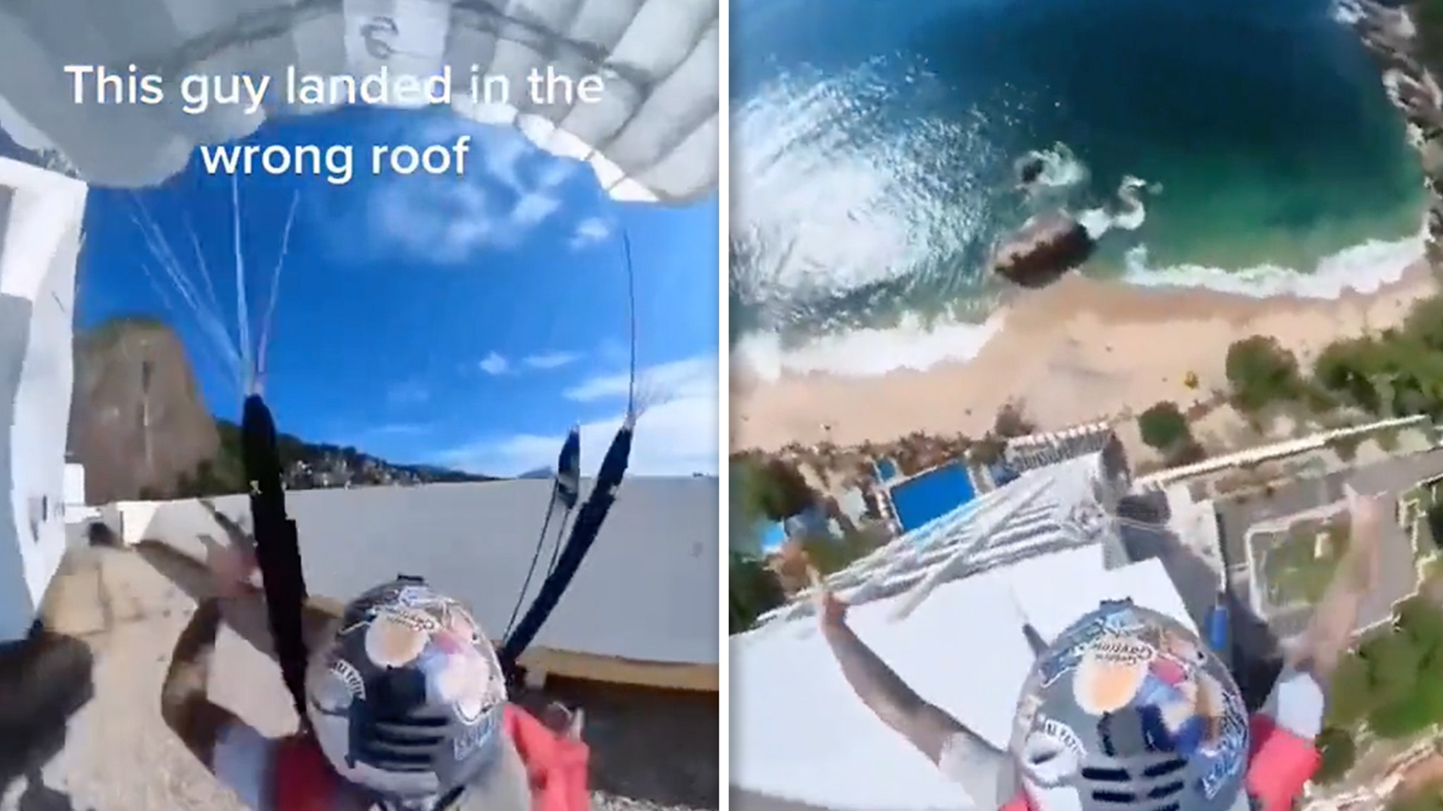 Paracaidista aterriza en el techo, asegura las faldas saltando a la playa