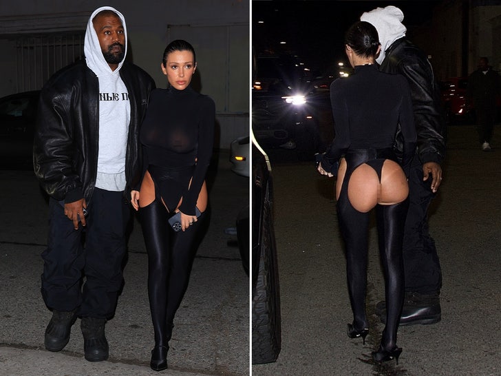 Bianca Censori wears a sheer bodysuit alongside Kanye West at the 'Vultures 2' listening party.