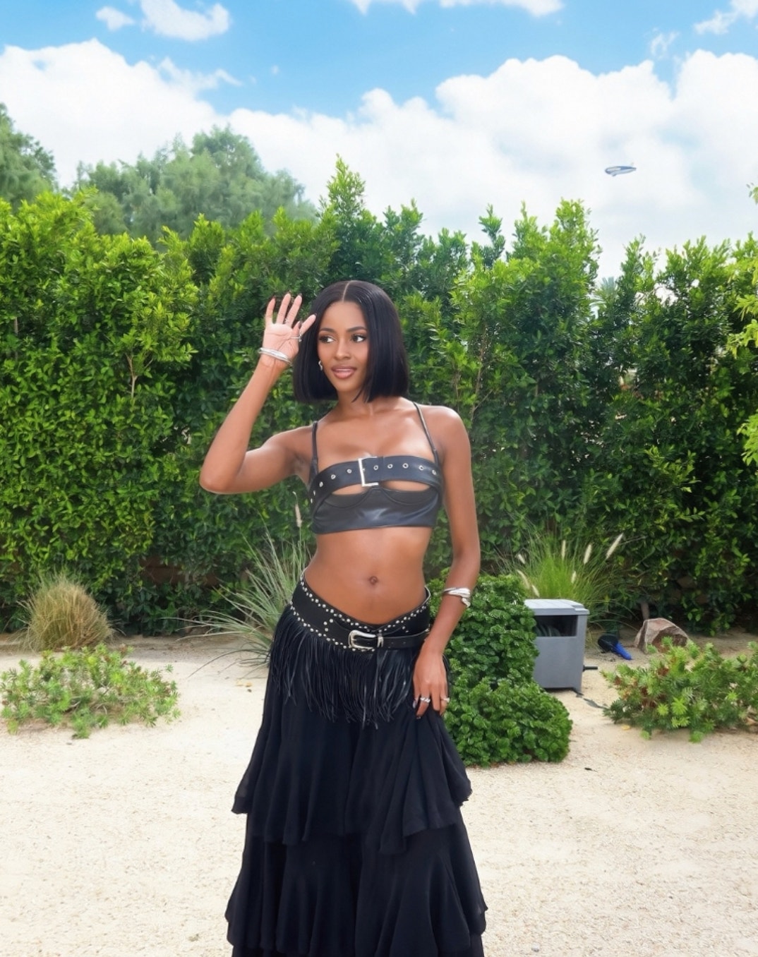 Bachelorette Star Charity Lawson in the Fringed & Studded Buckle Corset Belt by Cider at the Tarte Coachella House.
Brand: Cider