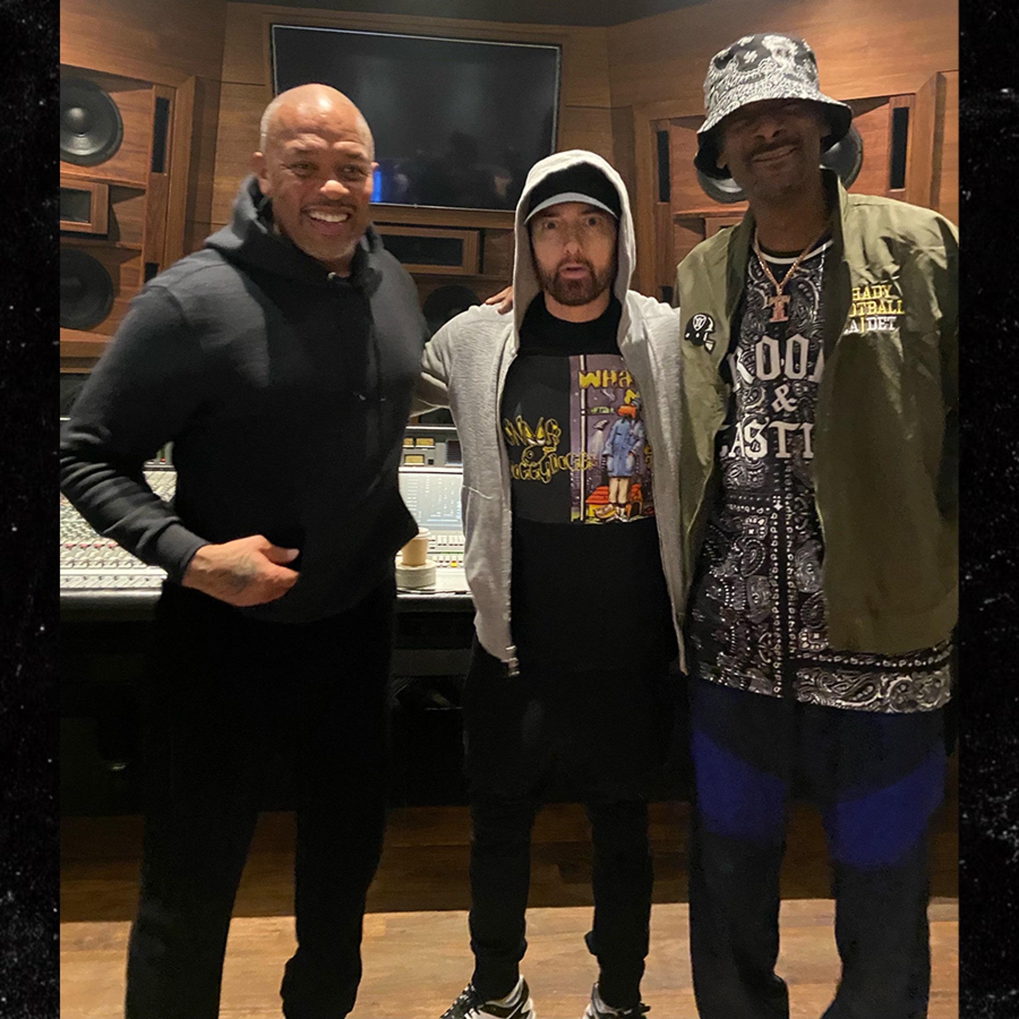 Eminem, Dr. Dre and Snoop Dogg pictured together in the studio