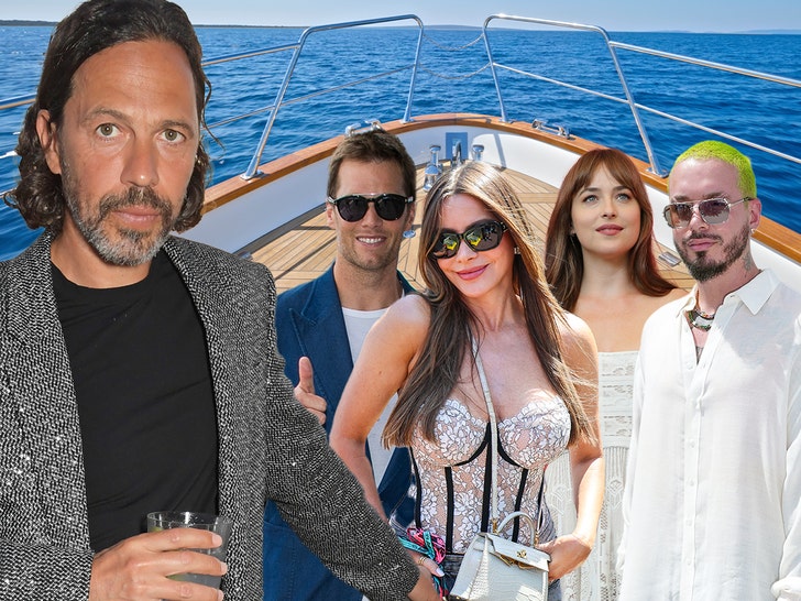Tom Brady, Sofia Vergara, J Balvin, Dakota Johnson with Mark Scheinberg yacht party getty comp