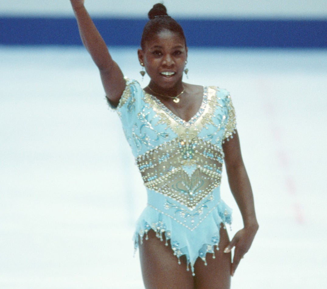 French figure skater Surya Bonaly is best known for busting out her signature backflips during competions including the 1998 Winter Olympics in Nagano, Japan (photographed above) which landed her in 10th place.