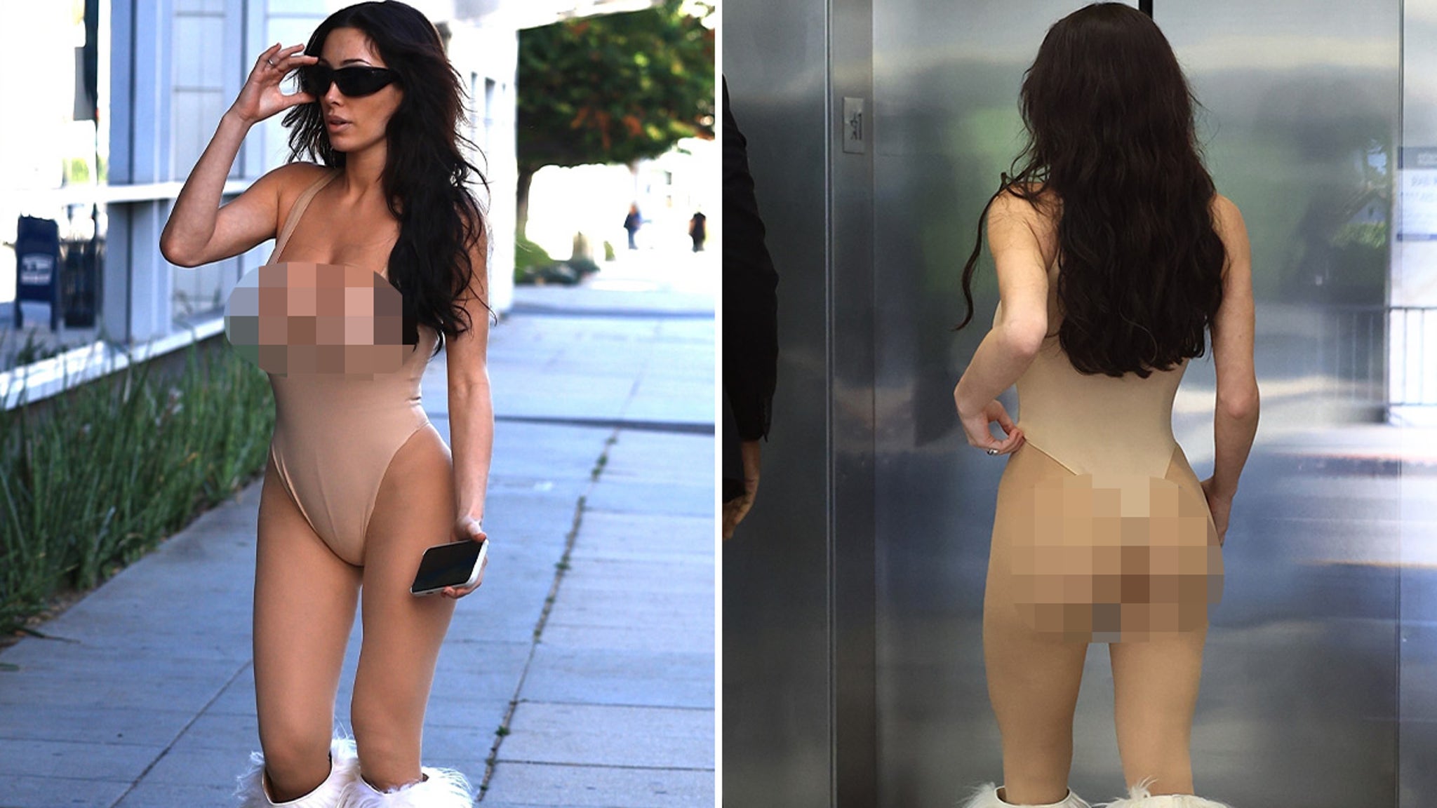 Bianca Censori Wears Plunging Nude Bodysuit, White Furry Boots to Spa Treatment