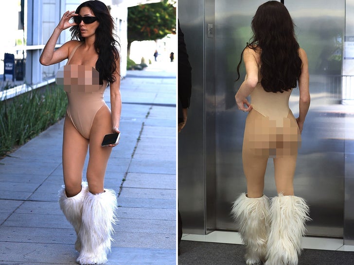 Bianca Censori Steps Out In A Plunging Nude Bodysuit And White Furry Boots
