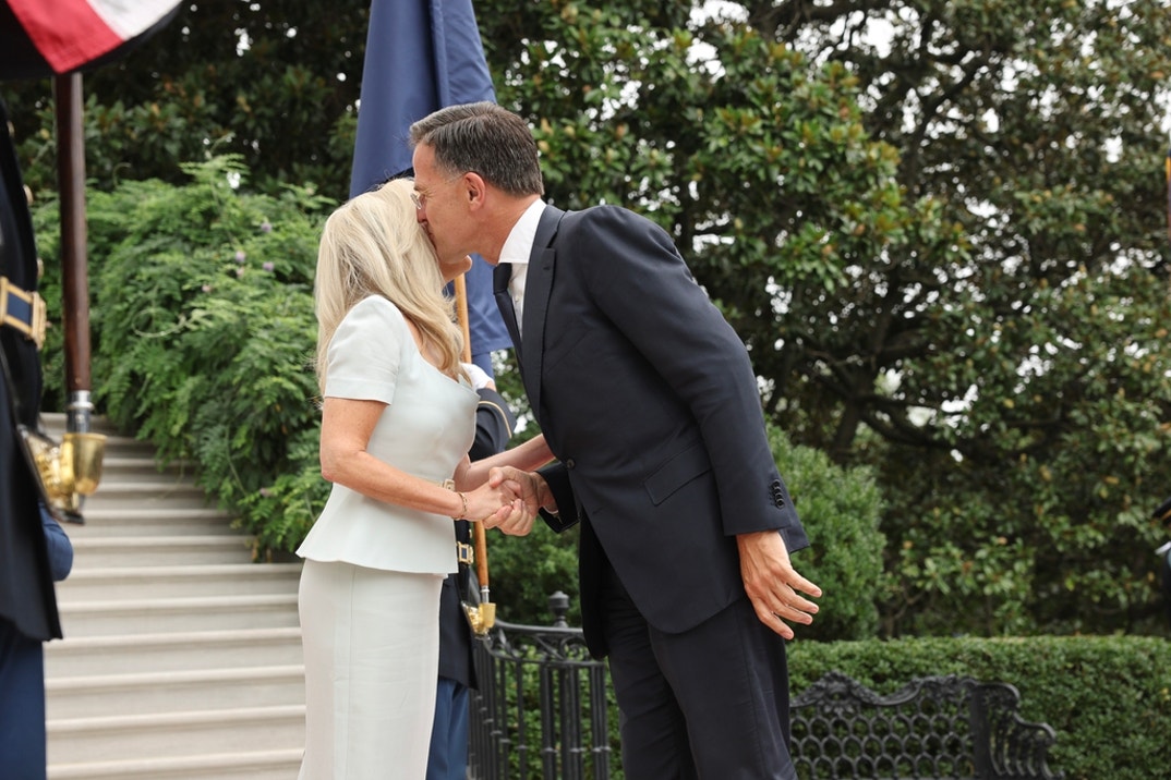 U.S. Chief of Protocol Monica Crowley greets NATO Secretary-General Mark Rutte as he arrives at the White House