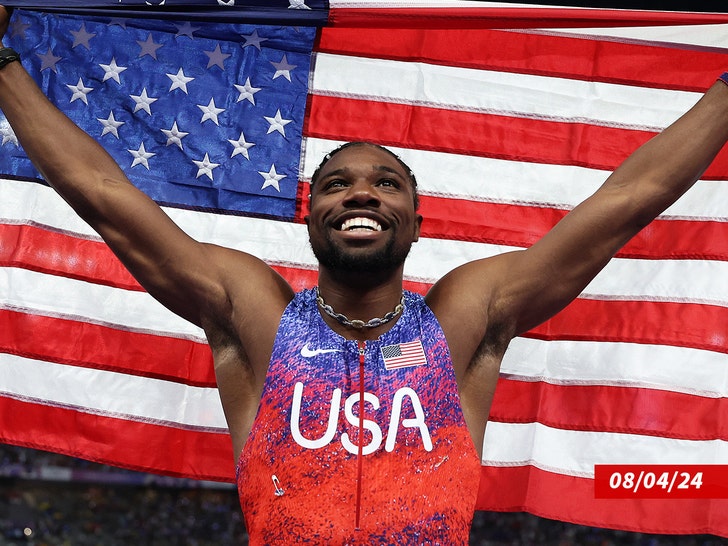 Noah Lyles of Team United States crosses the finish line