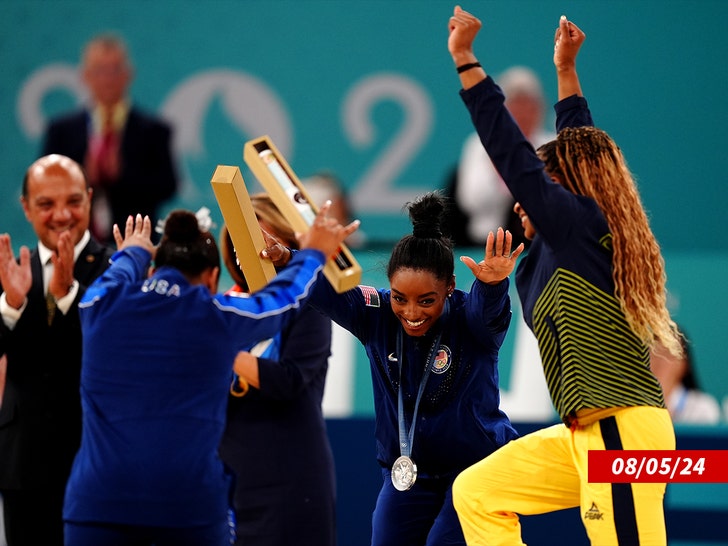 Simone Biles and Jordan Chiles honor Rebeca Andrade at the Women's Floor Exercise Medal Ceremony