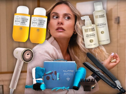 Woman Looking At Her Hair In The Mirror Surrounded By Hair Products From Amazon