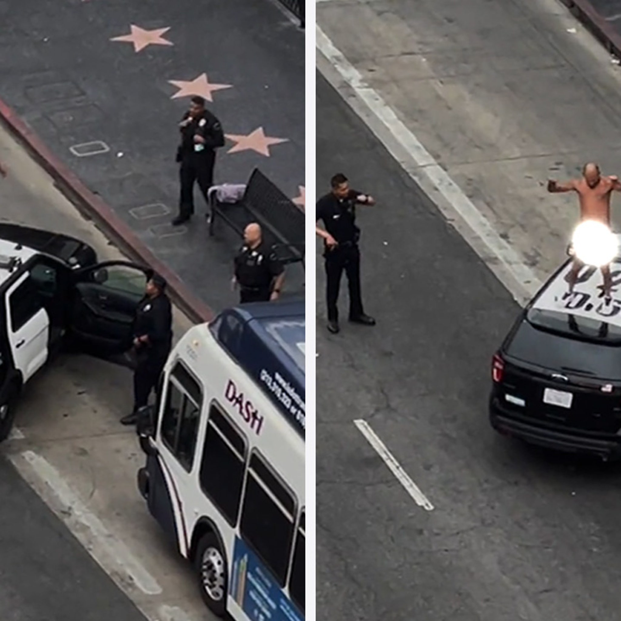 Naked Man Dances on LAPD Patrol Car Near Hollywood Walk of Fame