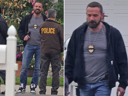 Ben Affleck On Set In a Tee Shirt With A Police Badge Necklace