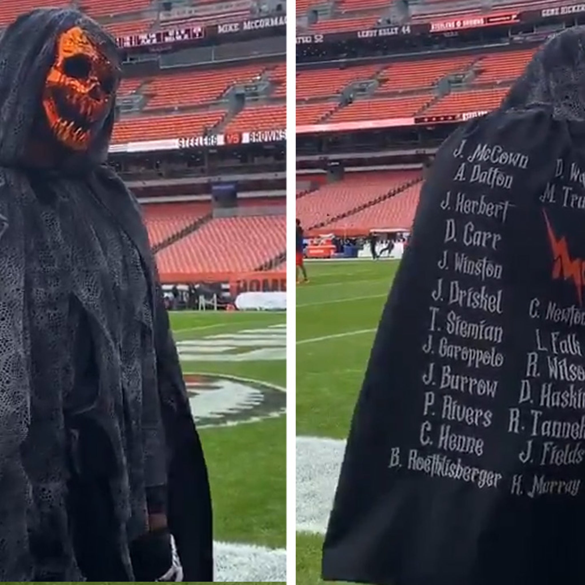 Myles Garrett dresses as the Grim Reaper entering stadium for game