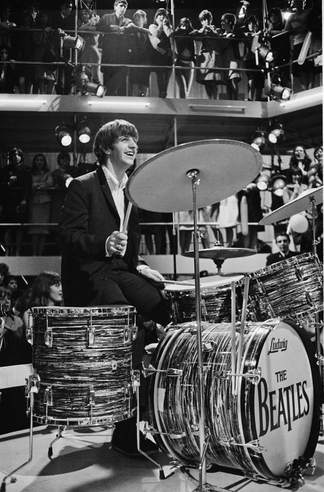 Drummer Ringo Starr rehearsing with The Beatles for the 'Round The Beatles' TV show at the Rediffusion TV studios in Wembley, London, on April 27th, 1964.