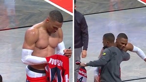 Russell Westbrook Gives Jersey Off Back to Michael B. Jordan, Flaunts Insane Abs