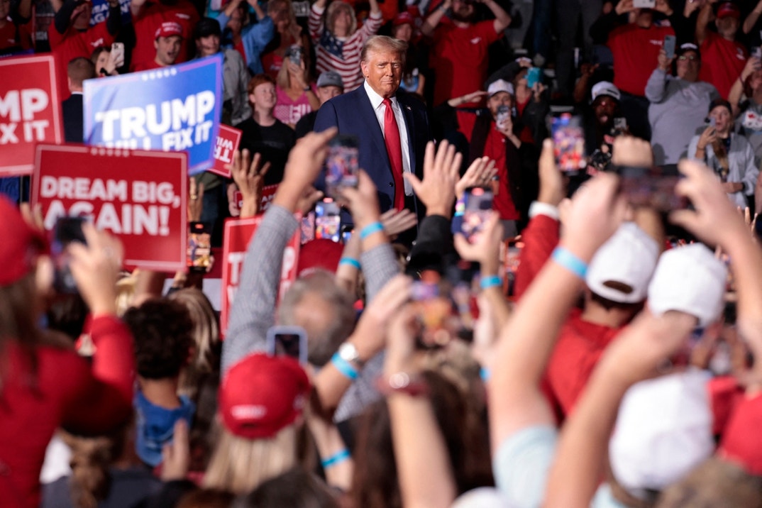 Republican presidential candidate Donald Trump arrives to speak during his final campaign rally at the Van Andel Arena in Grand Rapids, Michigan.