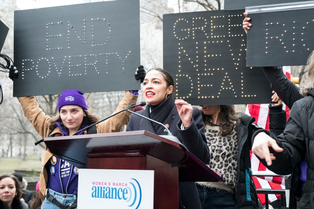 Alexandria Ocasio-Cortez Democratic of the 14th congressional district of the House Of Representatives addresses the crowd with a passionate speech to kick off the 3rd Annual Woman's March in the borough of Manhattan in New York.