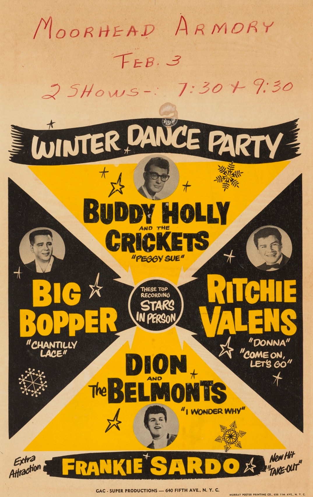 BUDDY HOLLY A RARE CONCERT POSTER FOR 3 FEBRUARY 1959, KNOWN AS 'THE DAY THE MUSIC DIED'