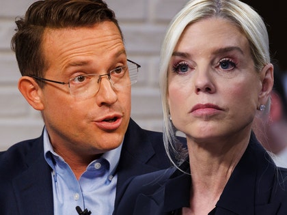Benny Johnson is seen next to Attorney General Pam Bondi. Benny's wearing a black jacket and a blue shirt, while Bondi's wearing a dark blue jacket.