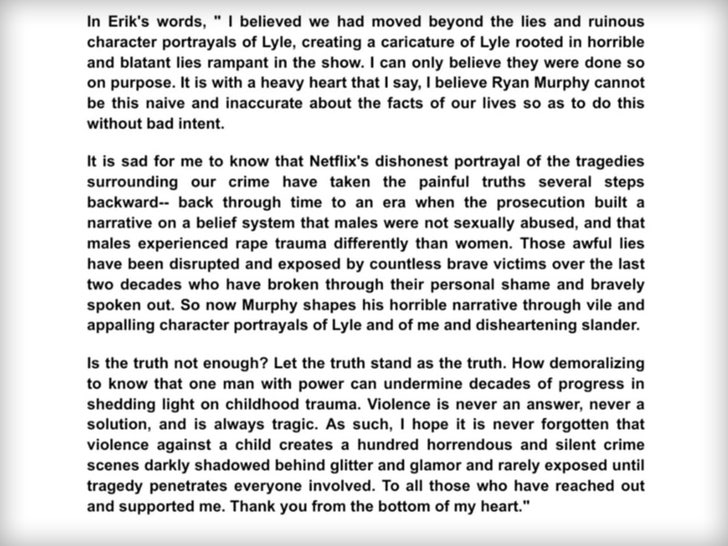 Entertainment erik menendez statement